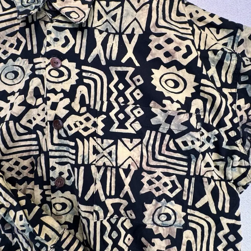 Hawaiian Shirt L Black Men's Bali Tribal Batik Island Design Mutiara Art - Picture 2 of 7